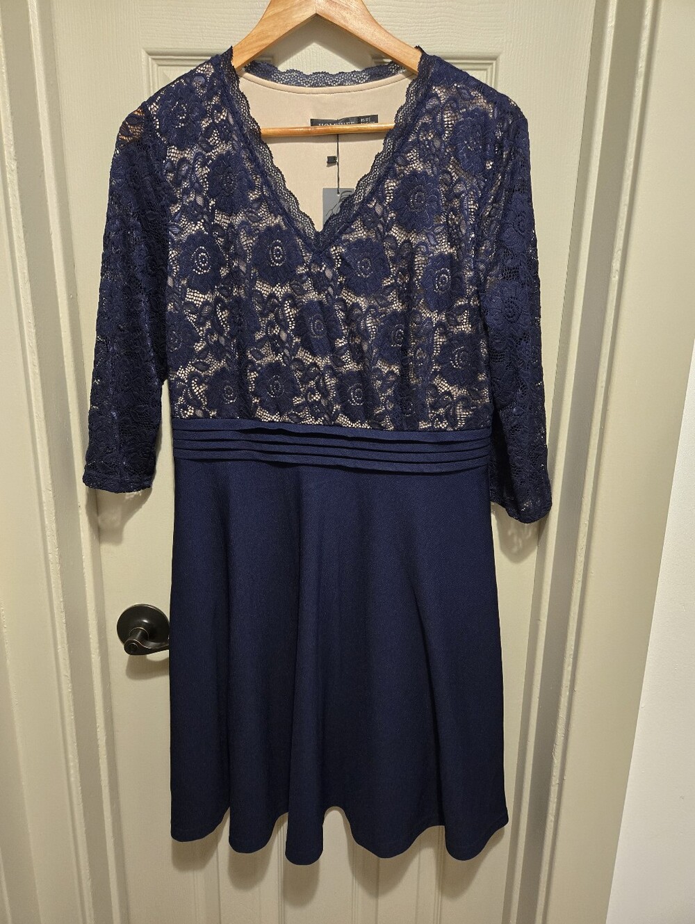 HOMEYEE Navy Blue Lace Patchwork A-Line Dress Sz 12